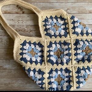 Crochet Tote Bag in Blue and Cream